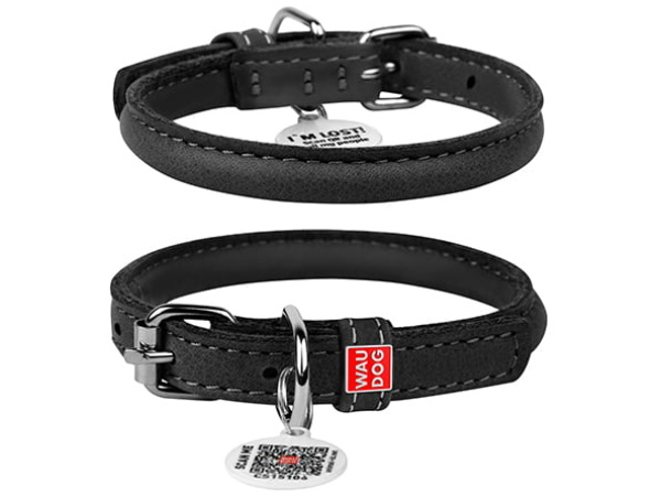 Waudog Soft rundsyet læder halsbånd, sort
